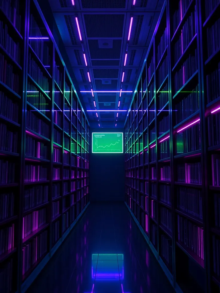 A high-tech dark library with glowing neon purple and green