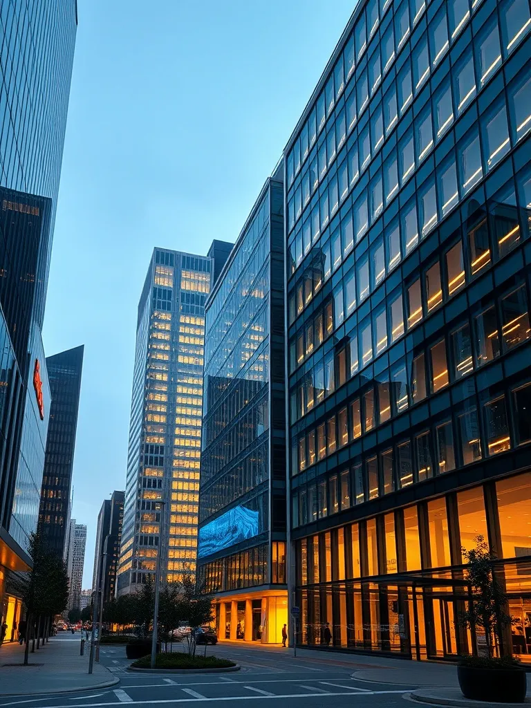 A professional wide shot of the modern banking district in G